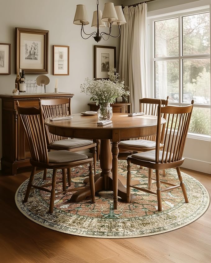 Area Rugs 6ft Washable Non-Slip, Floral Vintage Distress Print Pattern Medallion Carpet for Living Room Bedroom Dining Room, Brick Red Rust Neutral Brown Burnt Orange