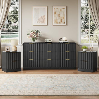 9 Drawer Dresser & Nightstand Set 3-Piece, 63” Wide Fluted Bedroom Dresser Set Night Stand Set of 2 with Metal Handle, Modern Wood Chest of Drawers Storage Dressers Set for Bedroom, Black