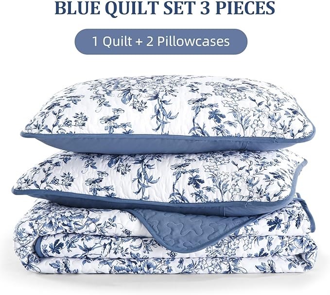 WONGS BEDDING Quilt Full Size, Blue Quilt Bedding Set with 2 Pillowcases, Botanical Quilt for Full Bed, Soft Microfiber Lightweight Coverlet Bedspread for All Season (78"×90", 3 Pieces)