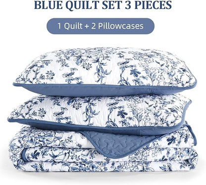 WONGS BEDDING Quilt Full Size, Blue Quilt Bedding Set with 2 Pillowcases, Botanical Quilt for Full Bed, Soft Microfiber Lightweight Coverlet Bedspread for All Season (78"×90", 3 Pieces)