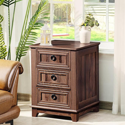 18" Farmhouse Night Stand with 3 Drawers, Wood End Table Dresser for Bedroom, Retro Nightstand, Bed Side Table with Metal Handle, Bedside Cabinet for Bedroom Living Room, Closet