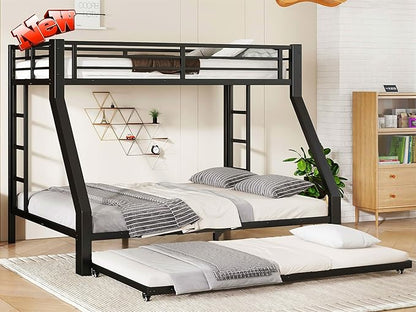 Upgraded & Stronger Heavy Duty Metal Twin XL Over Queen Bunk Bed with Twin Size Trundle for Adults & Teens, Thickened More Stable Safer Bunkbeds (Greater Weight Capacity)