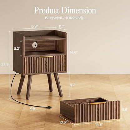 Huuger Nightstand with Charging Station, USB-C Port, Fluted Night Stand with Drawer, Bed Side Table with Solid Wood Feet, Open Storage, End Table with Raised Edge, for Bedroom, Walnut