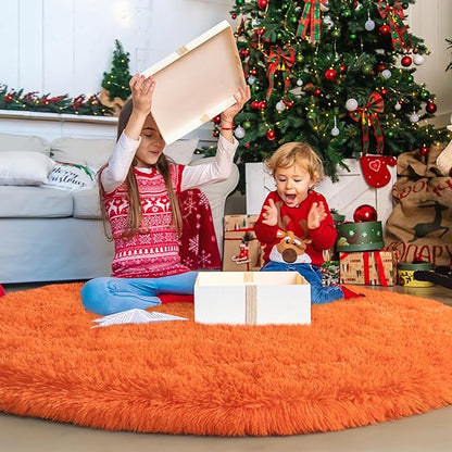 Round Orange Rug for Bedroom, 8 ft Circle Area Rugs for Living Room, Soft Large Fluffy Shag Carpet for Teen Girls Boys Nursery Room Dorm Home Decor Aesthetic