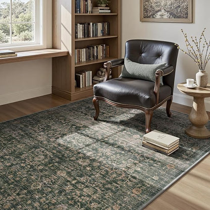 MontVoo-Vintage Area Rug 3x5 Green Rugs for Living Room-Soft Distressed Printed Rugs for Bedroom-Non Slip Carpet-Machine Washable Rug for Dining Room Living Room Bedside Office