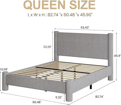 Queen Size Bed Frame, Boucle Upholstered Platform Bed with Headboard and Footboard, Soft Rounded Corners, No Box Spring Required, Easy Assembly, Light Grey
