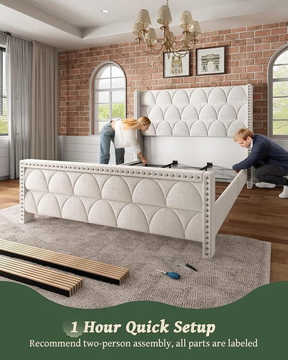 King Size Bed Frame with 56" Headboard - Velvet Upholstered Wingback Platform Bed Frame, Noise Free, Sturdy Wooden Slat Support (Cream, King)