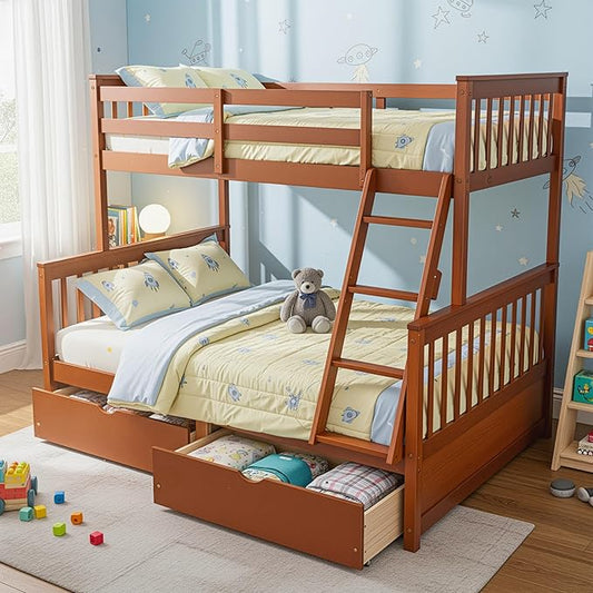Merax Wood Bunk Bed with Drawers,Convertible Wood Bunk Bed with Ladders and Two Storage Drawers,Solid Wood Detachable Bed Frame with Ladders,Twin Over Full Size,Walnut