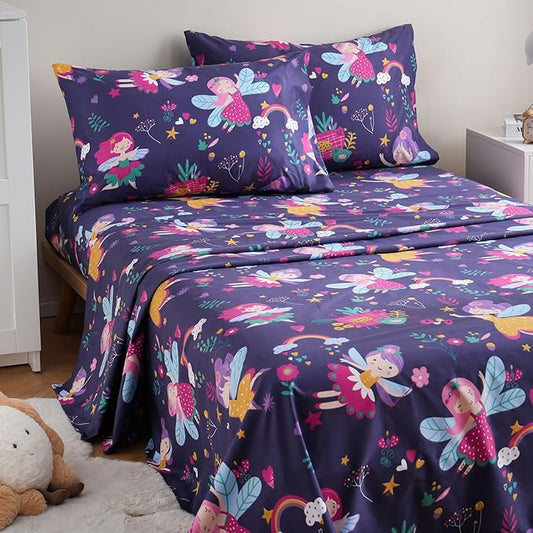 JSD Purple Fairy Kids Sheet Set Twin Size, 3 Piece Girls Floral Printed Microfiber Sheets Deep Pocket