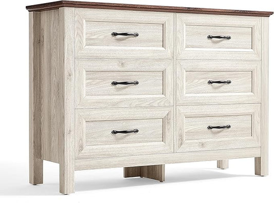 LINSY HOME 6 Drawers Dresser for Bedroom, 47" Wide Wooden Storage Chest with Antique Handles, Modern Farmhouse Dresser TV Stand with Wood Legs for Closet, Living Room, Hallway, Beige
