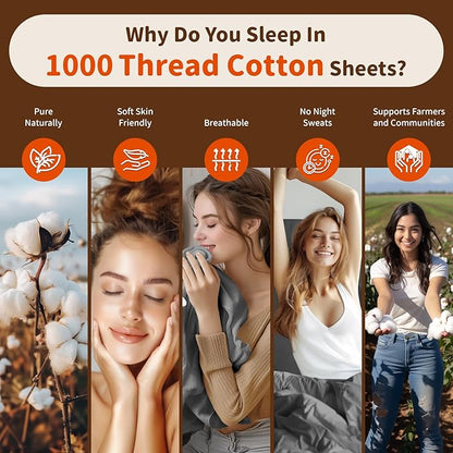 LBRO2M 100% Cotton Sheets Set Deep Pocket 24", 1000 Thread Count California King Size 4 Piece Bed Sheet Sets Soft Comfortable Bedding All Season (California King, Dark Gray)