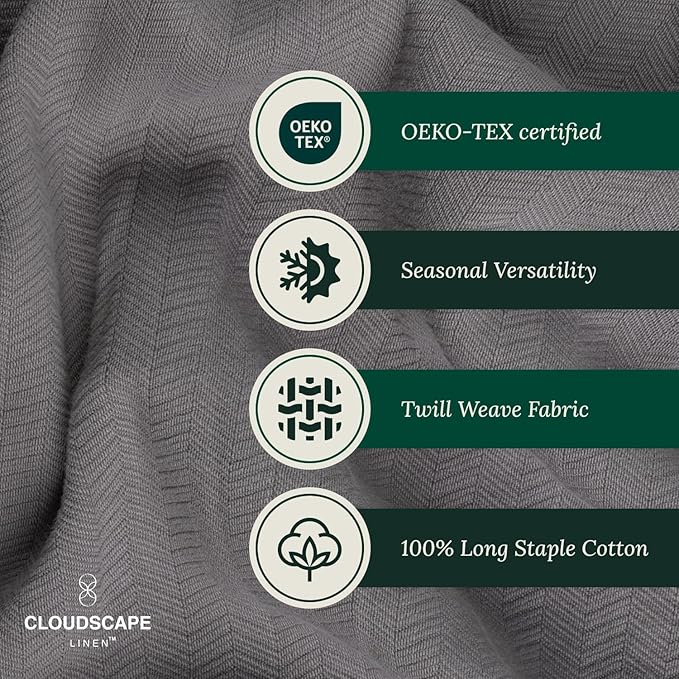 Cloud Scape Linen 100% Cotton Blanket Twin 68x92 Sharkskin - Cozy Herringbone Weave, Fits Up to Twin XL Size Beds, Breathable Softness, All-Season Warmth, Winter Blanket, Bedding Gift Choice