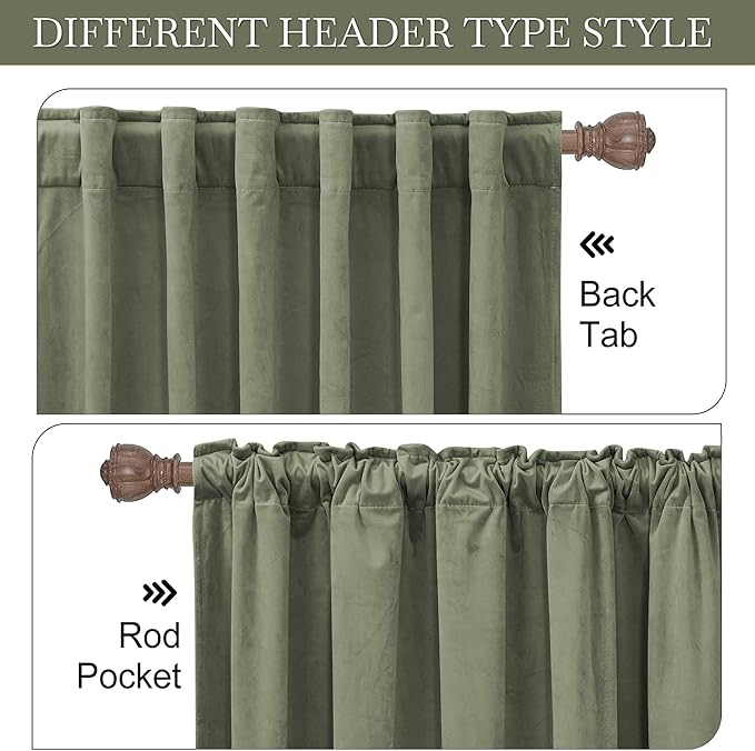 RYB Home Sage Green Velvet Room Divider Curtains 96 inches - Back Tab Smooth Durable Darkening Privacy Window Treatment for Living Room Home Office, W62 x L96 inches, Set of 2