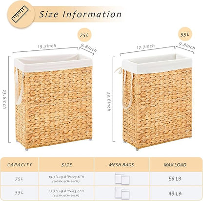 Handwoven Slim Laundry Hamper, 75L Narrow Laundry Basket, Natural Water Hyacinth Basket and Handles and Removable Liner Bag & 2 Mesh Bags (Natural, 75L)