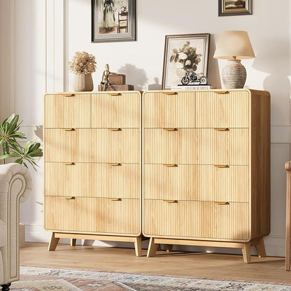 QUW Fluted Dresser for Bedroom with 5 Drawers, Modern 40.2" Tall Drawer Dressers with Metal Handle, Wooden Chest of Dresser for Living Room, Hallway, Natural Oak