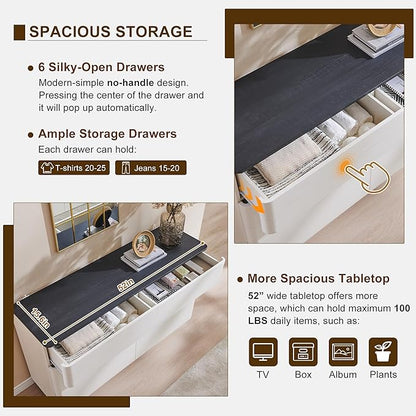 ACCOHOHO Modern 6 Drawer Dresser for Bedroom, 52" Wide Wooden Dressers with Large Storage,Handleless Chest of Drawers TV Stand for Living Room & Hallway, Curved Profile Design, White