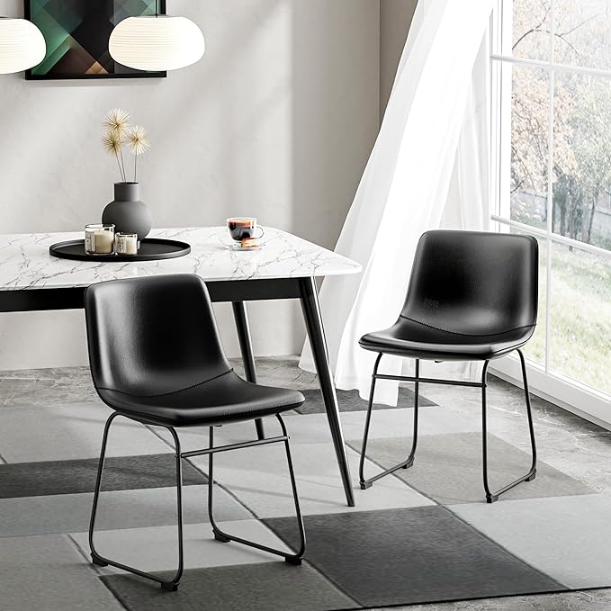 Dining Chairs Set of 2, 18 Inch Faux Leather Kitchen Dining Chairs with Back, Modern Armless Dining Room Chair with Metal Legs for Home Bistro Coffee Shops (Black)