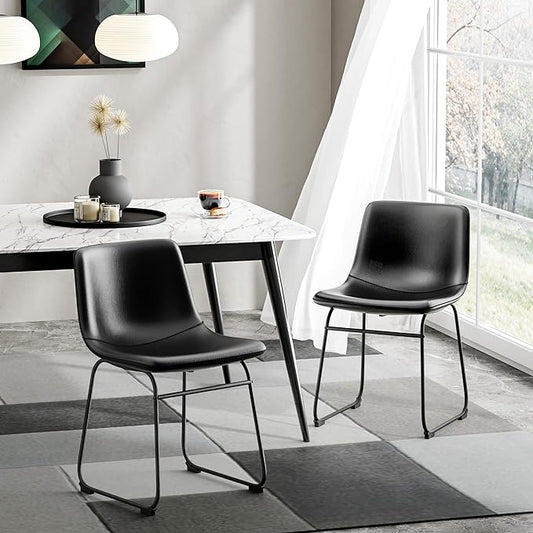 Dining Chairs Set of 2, 18 Inch Faux Leather Kitchen Dining Chairs with Back, Modern Armless Dining Room Chair with Metal Legs for Home Bistro Coffee Shops (Black)
