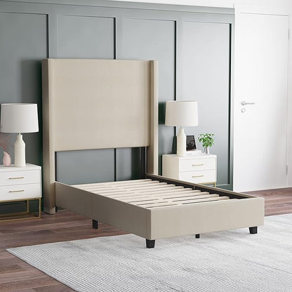 EMMA + OLIVER Nora Twin Size Faux Linen Upholstered Platform Bed with Plush Padded Wingback Headboard (No Box Spring Needed), Modern Upholstered Headboard Twin Bed Frame, Beige