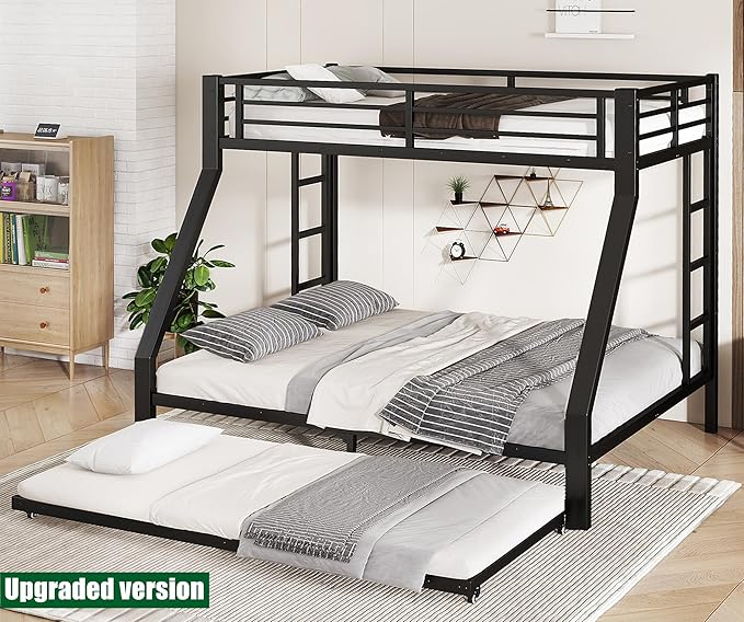 SIGONE Stronger & Safer Heavy Duty Twin XL Over Queen Bunk Bed with Twin Trundle for Adults Teens, Thickened More Stable Metal Bunkbed Frame (Greater Weight Capacity)