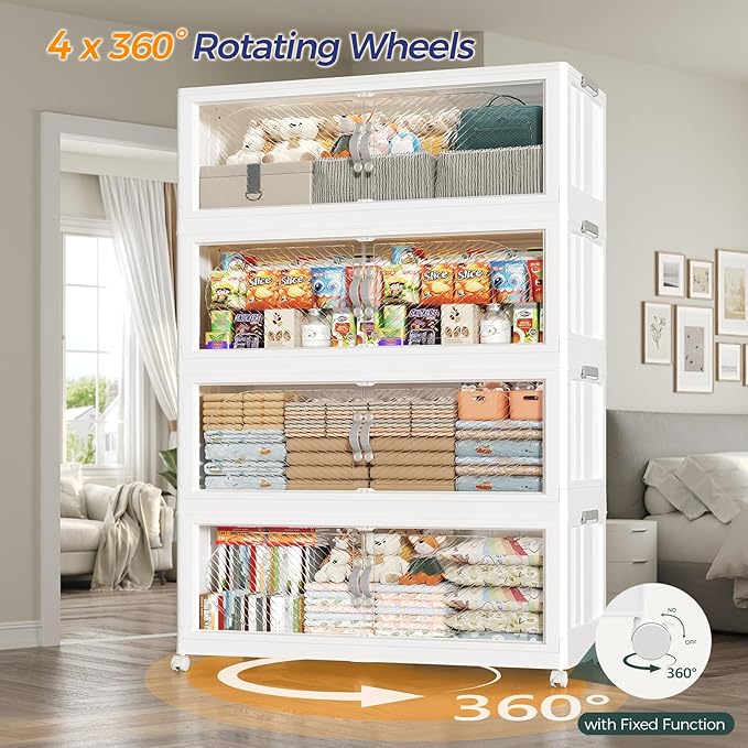 640QT Plastic Stackable Storage Bins with Lid, 160GAL Extra Large Collapsible Box with Wheels Clear Door, Foldable Closet Organizer Container Cabinet Drawer for Home Kitchen，4Pack, White