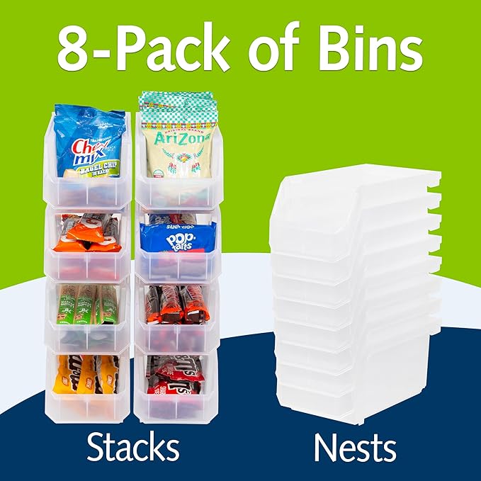 Plastic Containers for Organizing and Storage Bins for Closet, Kitchen, Office, Garage or Pantry Organization, Stackable Bins, Medium (11" x 5" x 5.5"), 8-Pack, Clear