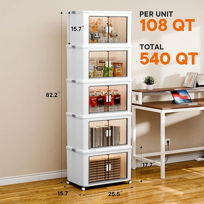 5 Tier 540 Qt Storage Bins with Lids - Stackable Storage Bins, Large Plastic Storage Boxes for Toy, Closet, Open Front Storage Bin with Wheels Suitable for Garage, Bedroom, Living Room, Camping