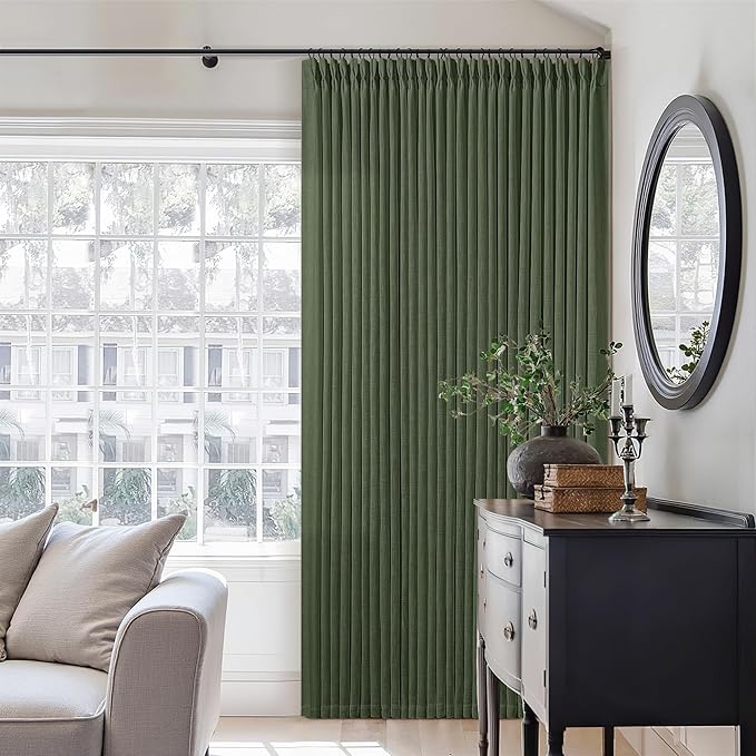 Olive Green Pinch Pleated Linen Curtains 92 Inches Long 2 Panels for Living Room Bedroom Semi Sheer Pinch Pleat Drapes with Hooks Rings Boho Farmhouse Light Filtering Window Curtain 40x92