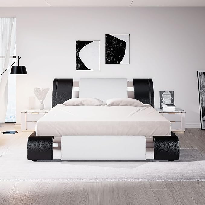 Allewie King Size Bed Frame with Iron Piece Decor, Faux Leather Upholstered Platform Bed with Curved Adjustable Headboard, Wooden Slats Support, No Box Spring Needed, Modern Black and White