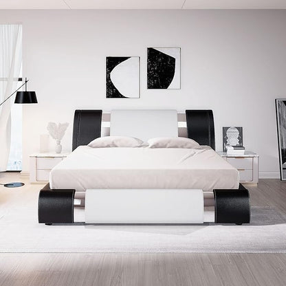 Allewie King Size Bed Frame with Iron Piece Decor, Faux Leather Upholstered Platform Bed with Curved Adjustable Headboard, Wooden Slats Support, No Box Spring Needed, Modern Black and White