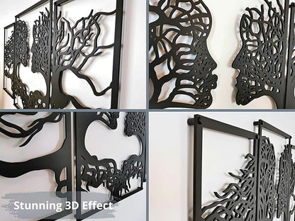 VAILLA Tree of Life Wall Wooden Art Abstract Tree Man Woman Face Large 3D Wooden Wall Decor Set of 3 Hanging Sculpture Modern Home Decoration 3D Textured Sculptures for Living Room Bedroom Office Dinnig Room (71"L x 39"W)