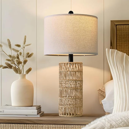 OYEARS 22.5" Boho Table Lamps Set of 2 for Living Room, Bedside Lamp for Nightstands, Rattan Lamp for Bedroom, Farmhouse Table Lamp for Room Decor, End Table, Retro, Brown（Not Include Bulbs）