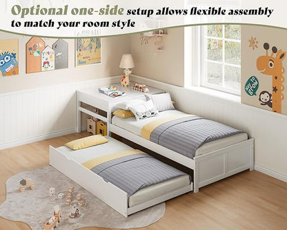 AMERLIFE L-Shaped Twin Trundle Bed with Flip-Top Storage Desk, Space-Saving Solid Wood Platform Bed Frame, White Finish, Multi-Functional Twin Bed for Kids and Families