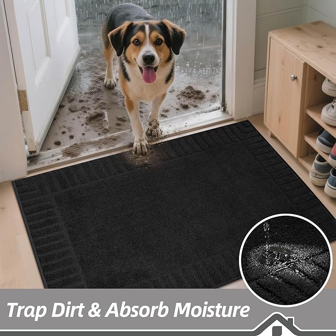 BEQHAUSE Door-Mat-Non-Slip Dirt Trapper Door Mats Low-Profile Front Door Mat Absorbent Floor Mats for Entryway Washable Mud Resistant Home Entrance Doormat, Black, 24"x60"