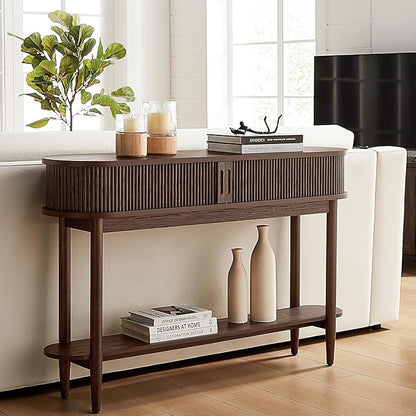 LINSY HOME Fluted Console Table, Mid-Century Modern Entryway Cabinet with Sliding Tambour Doors, Narrow Long Sofa Table, Behind-The-Couch Table for Living Room, Hallway (Brown Oak)