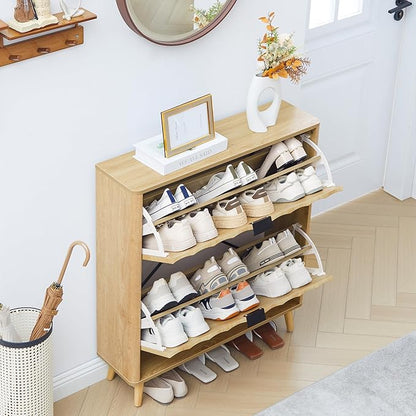 31.5” Fluted Shoe Cabinet Storage with 2 Flip Drawers,Narrow Freestanding Shoe Storage Organizer,Slim Shoe Rack Cabinet for Entryway,Hallway (Natural)