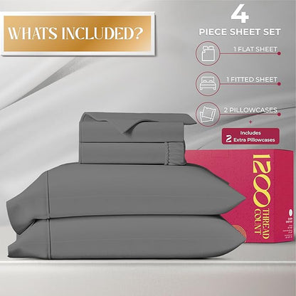 Mayfair Linen 100% Egyptian Cotton Bed Sheets - Luxury 1200 Thread Count Egyptian Cotton Sheets, Soft, Cooling, 17" Deep Pocket Sateen Weave Bedding - 4 PC, Full Dark Grey