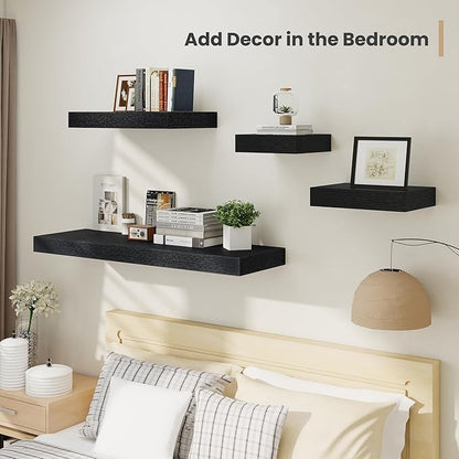 Heimlove 12 Inch Deep Floating Shelves, 16 x 12 inches Long Wall Shelf, Large Extra Display Shelf & Storage Shelf, Rustic Wood Wall Shelves for Fireplace Mantel, Black - 2Pack