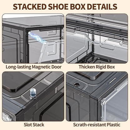 12 Pack XX Large Shoe Organizer, Heavy-Duty Hard Thicken Plastic Clear Stackable Shoe Storage Box Organizer for Closet, Space-Saving Shoe Rack Display Case Bin Containers for Sneakers, Grey