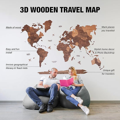 Handmade 3D Wood World Map Wall Art Large Wall Decor Track Your World Travels - Special for Home, Kitchen and Office (Medium, Oak)