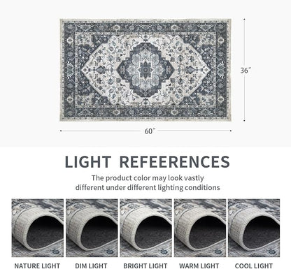 3x5 Vintage Washable Area Rug for Living Room,Low Pile Non Slip Carpet Non-Shedding Small Area Rug Soft Indoor Stain Resistant Rug Floral Print Mat for Bedroom Dining Room Blue Beige