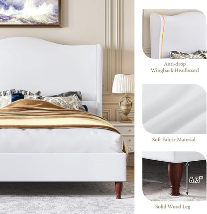 koorlian Queen Size Bed Frame with 51" Tall Headboard, Fully Upholstered Platform Bed Frame with with Soft Fabric, Sleigh Wingback, Solid Wood Retro Legs, Modern Minimalist Style, Easy Assembly, White