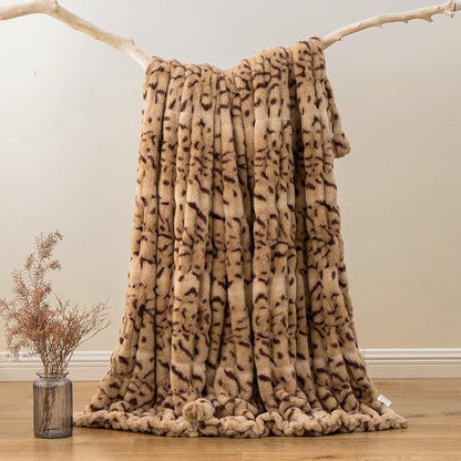 BATTILO HOME Luxury Ruched Faux Fur Throw Blanket Leopard Print, Double Side Soft Warm Rabbit Fur Blanket for Bed, Couch, Fall Throw Blanket for Home Decor, Large Cozy Mink Blanket 60"x80"