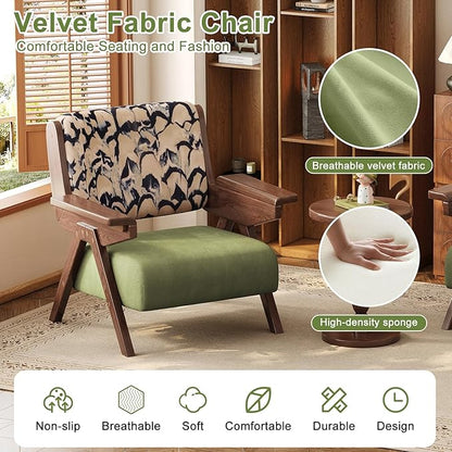 Mid Century Modern Accent Chair, Fabric Upholstered Lounge Arm Chair with Solid Wood Frame for Living Room, Bedroom, Office, Reading Corner (Feather Print, Set of 2)