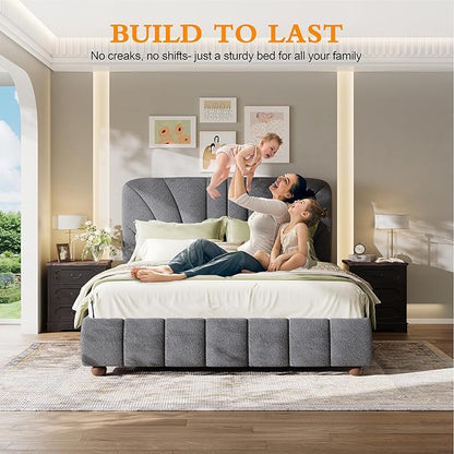 Queen Size Boucle Bed Frame Upholstered Bed Frame Queen with Adjustable Headboard, Solid Wood Slats Support, Bed for Bedroom Apartment, Dorm, No Box Spring Needed, Easy Assembly, Noise-Free, Grey