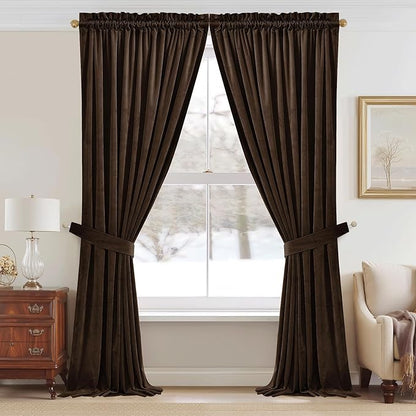 StangH Brown Blackout Velvet Drapes for Living Room 96 inches Long Luxury Home Decor Heat & Sound Reducing Energy Smart Curtains for Bedroom, W52 x L96, 2 Panels