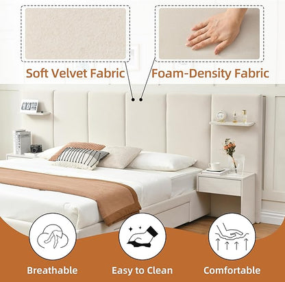 King Bed Frame with Storage & Built-in Nightstands, Velvet Upholstered Platform Bed Frame with Drawers & 2 Floating Storage Shelves, Noise-Free, No Box Spring Needed, Easy Assembly, Beige