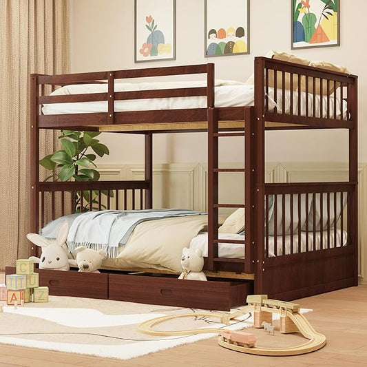 Merax Wood Bunk Bed with Drawers, Full Over Full Convertible Bunk Bed with Ladders and Two Storage Drawers,Solid Wood Detachable Bed Frame with Ladders, Espresso