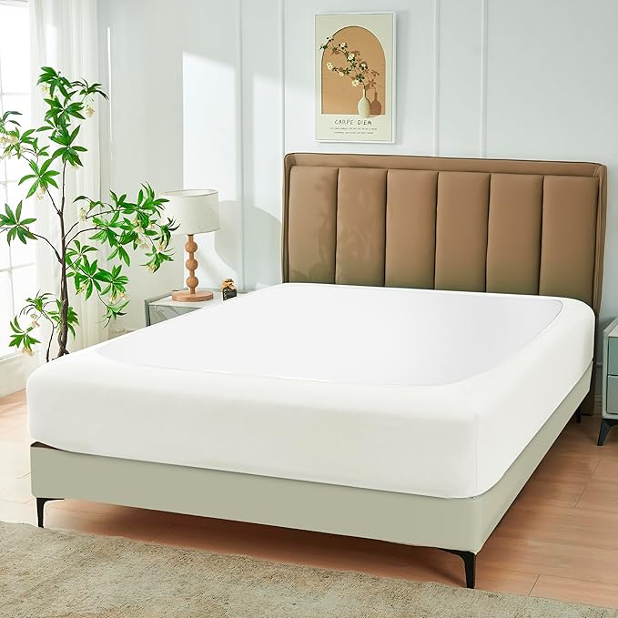 Biscaynebay Decorative Box Spring Cover Queen Size, Ivory Luxurious Jersey Knitting Stretchy Wrap Around 4 Sides Bed Skirt for Home/Hotels, Easy Fit Wrinkle Free Machine Washable