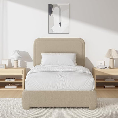 BarnFurin Twin Bed Frames with Headboard,Cloud Boucle Upholstered Platform Bed, Modern Style, Soft Rounded Corners, No Box Spring Needed, Easy Assembly, Beige